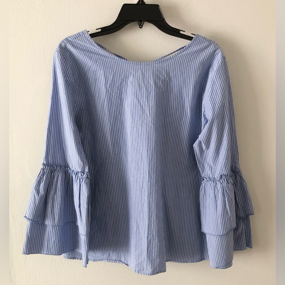 LOFT Blue Pinstripe Bell Sleeve Top